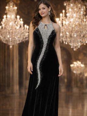 Black Velvet Embellished Formal Gown | Evening Dress | Medium